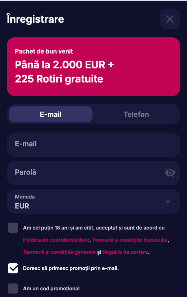 Alege-ți tipul de creare cont (e-mail, telefon sau rețea de socializare/serviciu mesagerie)
