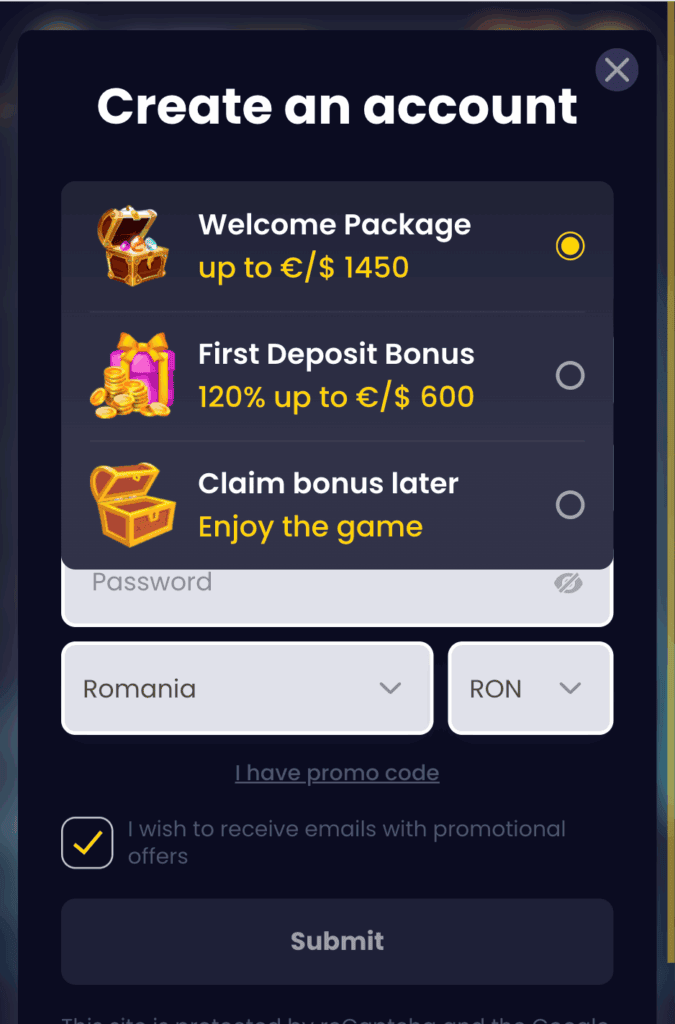 Selectează bonusul de bun venit sau continuă fără bonus