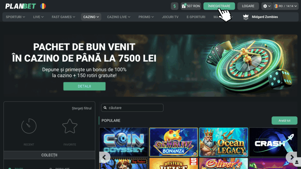 Accesează platforma de casino și apasă pe butonul "Înregistrare"