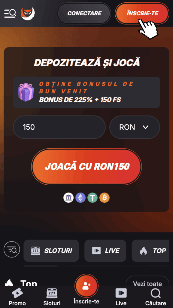 Accesează site-ul cazinoului și click pe butonul "Înscrie-te"