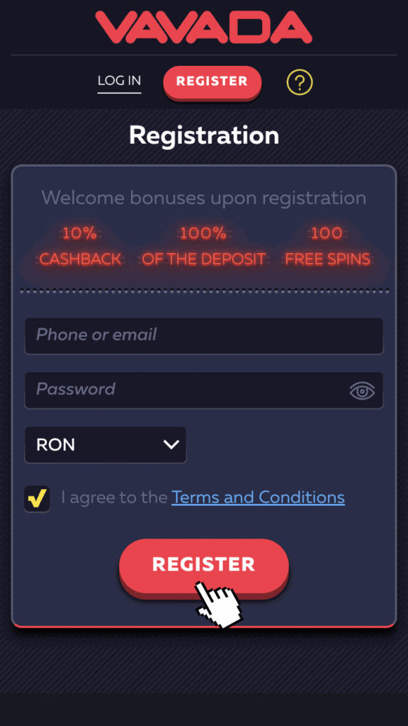 Bifează caseta din formular și apasă butonul "Register"