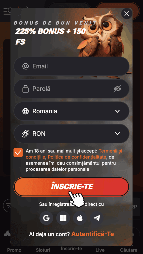Bifează caseta din formular și apasă butonul "Înscrie-te"