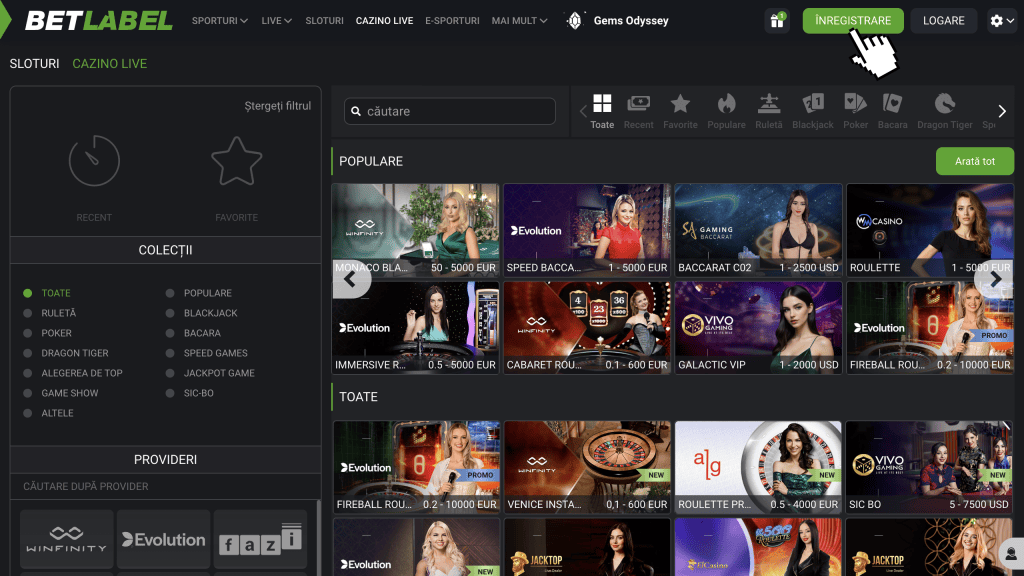 Apasă butonul "Înregistrare" după accesarea site-ului Betlabel casino