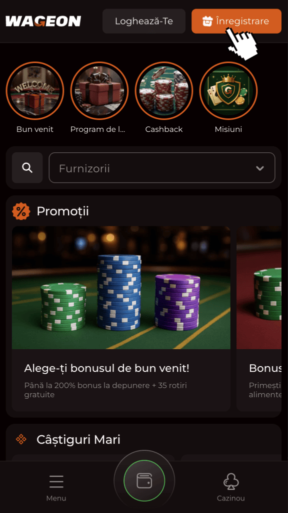 Apasă butonul “Înregistrare” după accesarea site-ului de cazinou