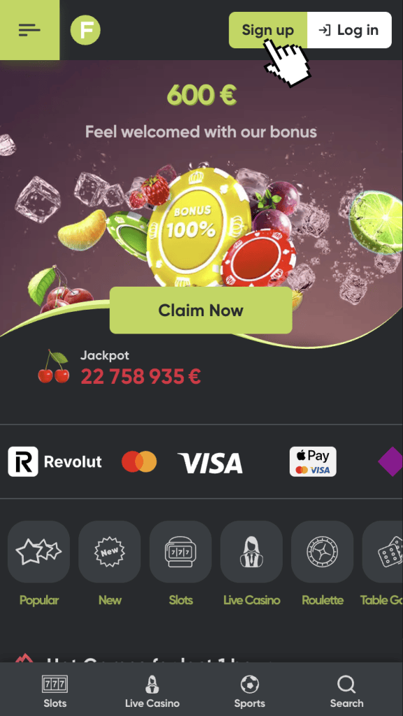Apasă butonul “Sign up” după ce vizitezi pagina cazinoului