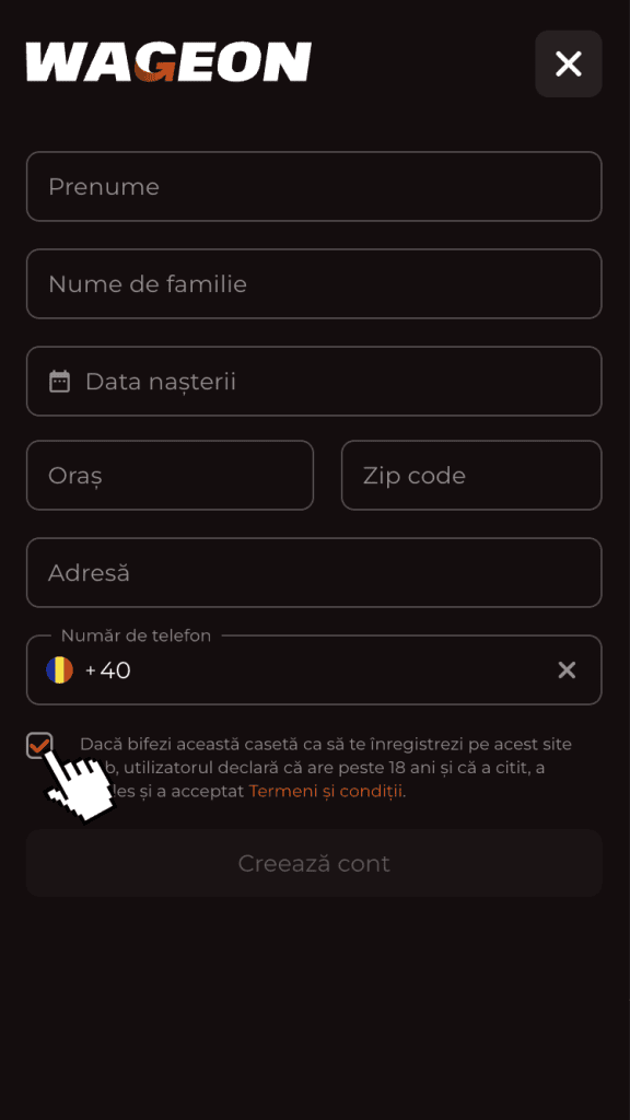 Bifează caseta de acceptare a termenilor și apasă butonul “Creează cont”