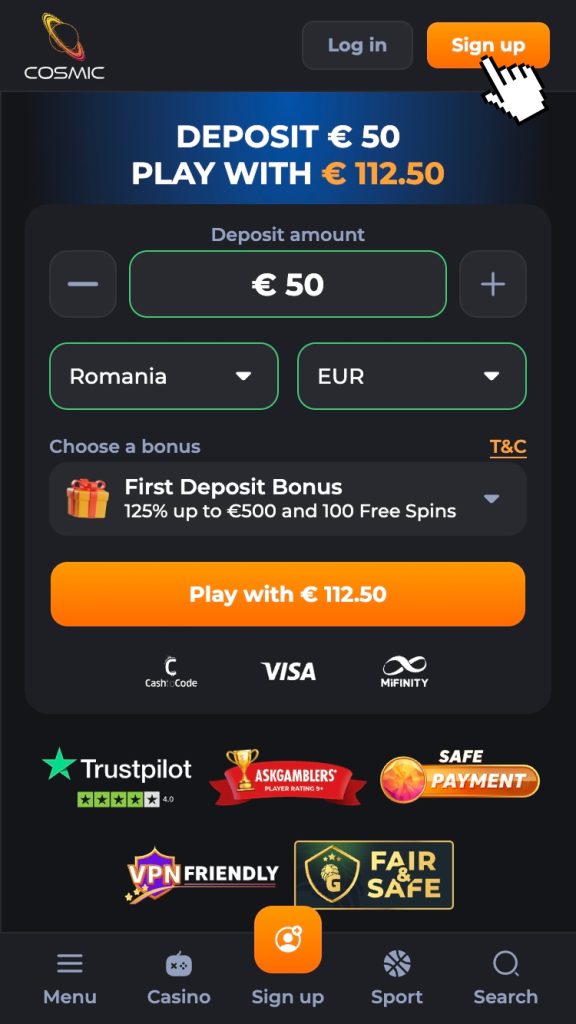 Apasă butonul “Sign Up” de pe prima pagină, după accesarea site-ului de cazinou