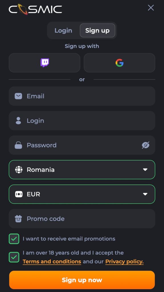 Alege modul de creare a contului