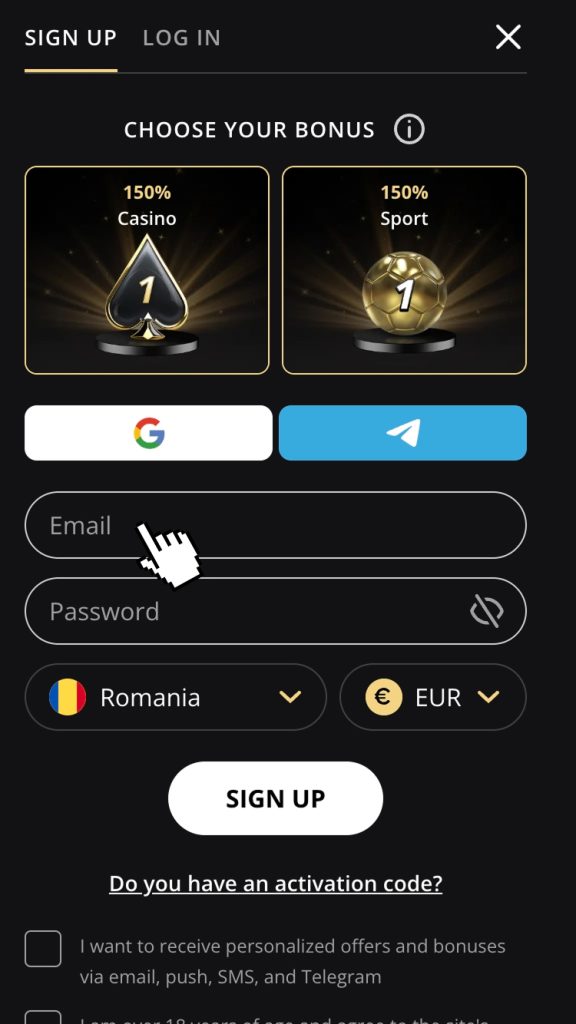 Scrie-ți adresa de email sau alege Gmail sau Telegram