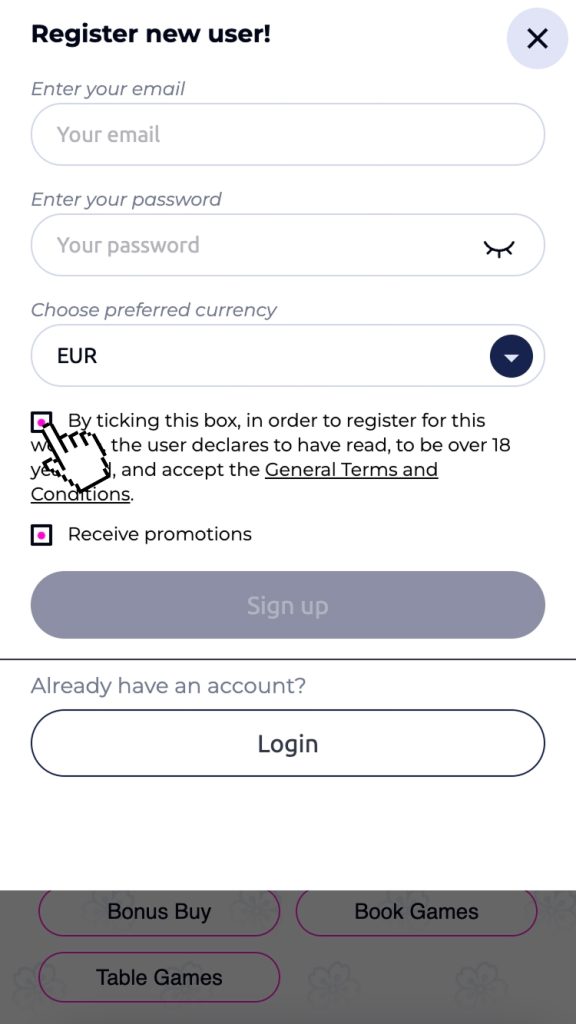 Bifează caseta de acceptare a termenilor și condițiilor cazinoului